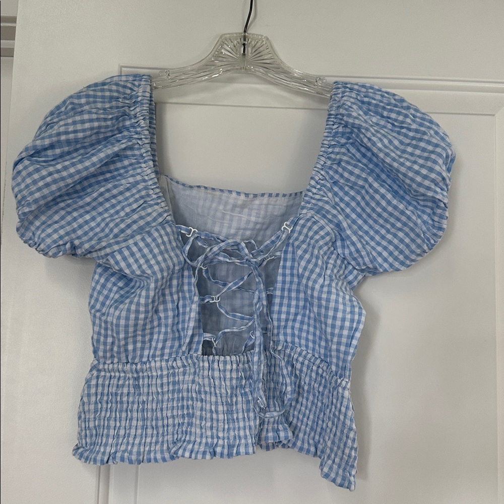 Blue Gingham Puff Sleeve Top